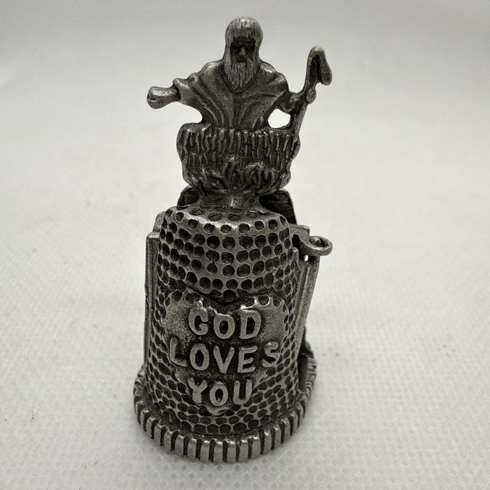 Vintage Pewter Thimble 'God Loves You' Prayer Hands Moving Holy Bible Opens 2"